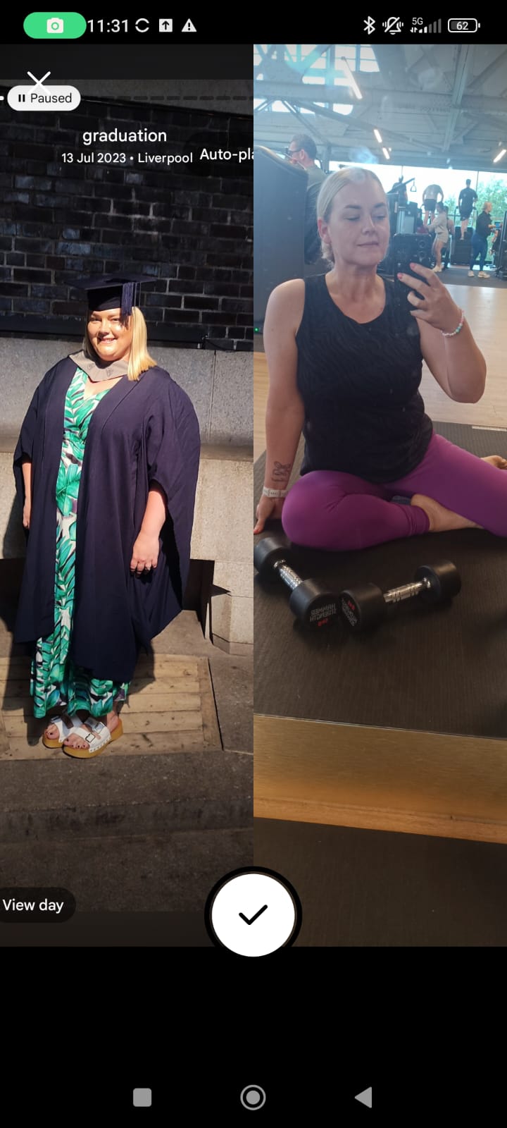 A personal collage of Nicola’s graduation and a quiet fitness moment